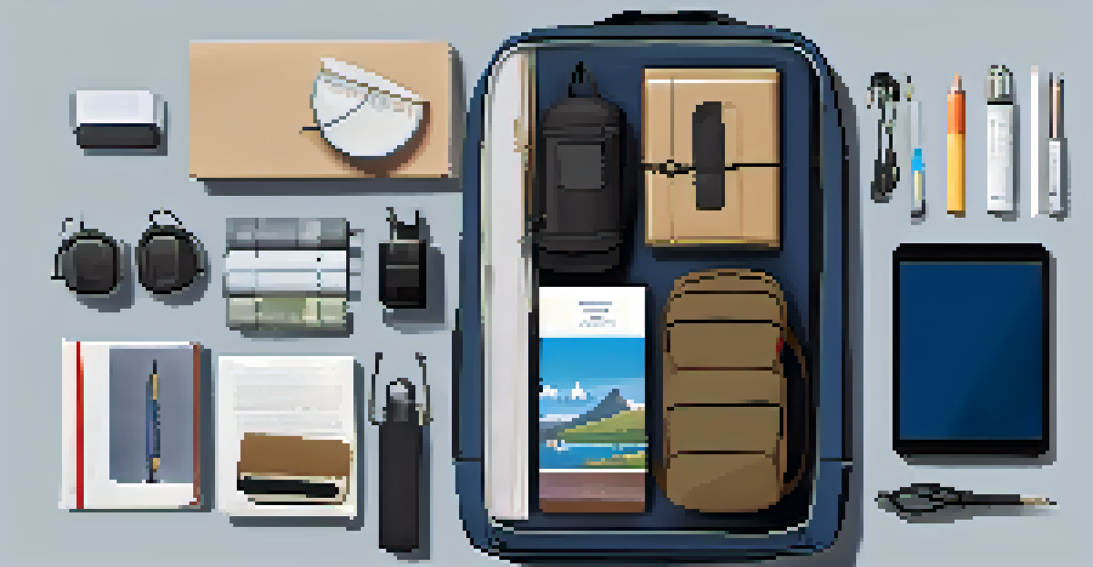 A mobile office kit with laptop, charger, and stationery inside a backpack, set against a mountain view.