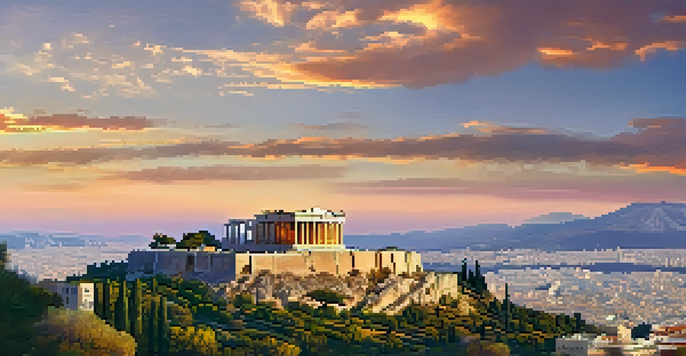 A sunset view of the Acropolis in Athens, highlighting the Parthenon and the surrounding cityscape, with olive trees in the foreground.