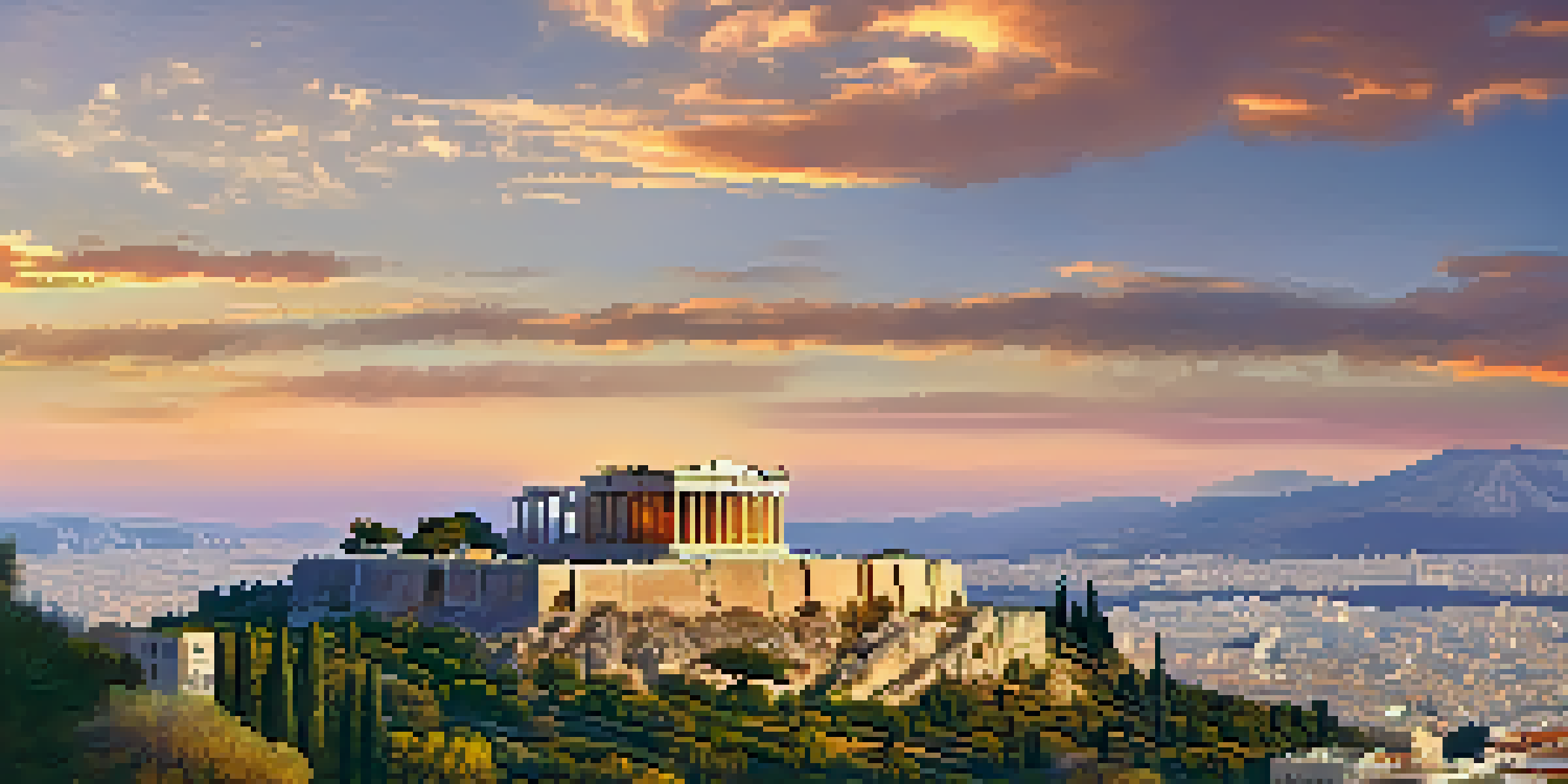 A sunset view of the Acropolis in Athens, highlighting the Parthenon and the surrounding cityscape, with olive trees in the foreground.