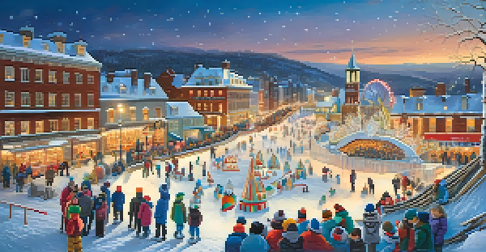 A vibrant winter festival scene in Quebec City with snow-covered buildings, families enjoying snow tubing, and an ice sculpture of Bonhomme Carnaval.