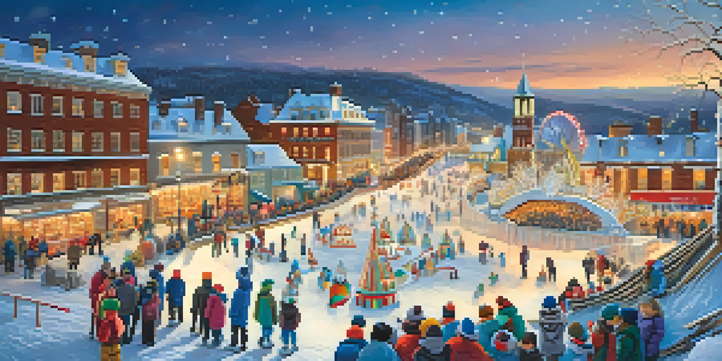 A vibrant winter festival scene in Quebec City with snow-covered buildings, families enjoying snow tubing, and an ice sculpture of Bonhomme Carnaval.