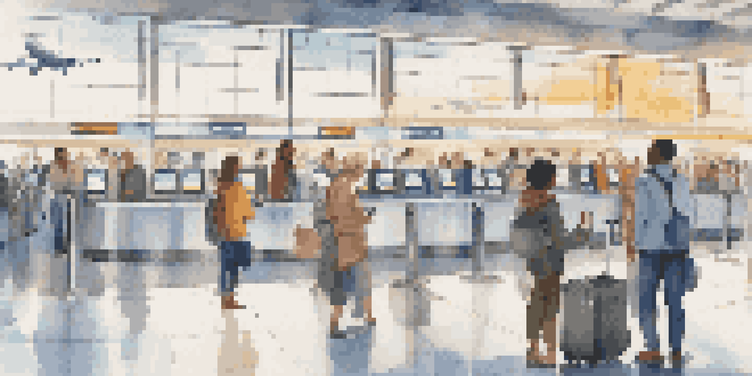A busy airport terminal with travelers using smartphones to access their health passports, featuring various ethnicities and bright, natural lighting.