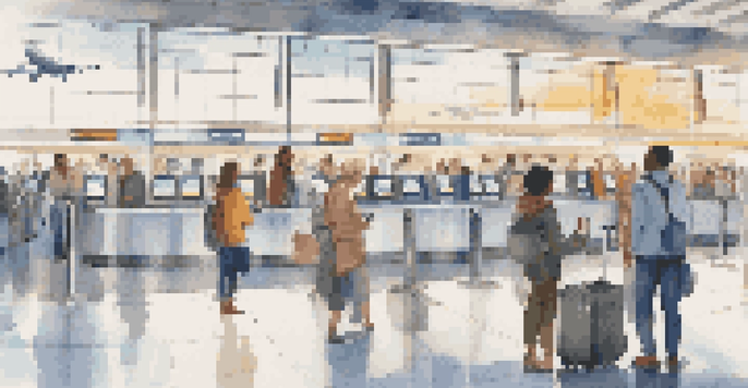 A busy airport terminal with travelers using smartphones to access their health passports, featuring various ethnicities and bright, natural lighting.