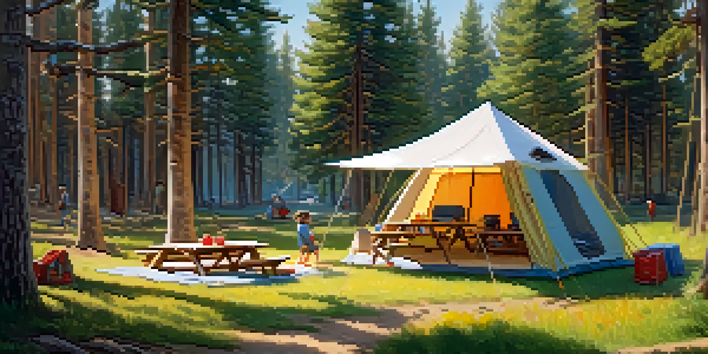A peaceful family campsite with a colorful tent, picnic table, and children playing in a forest setting.