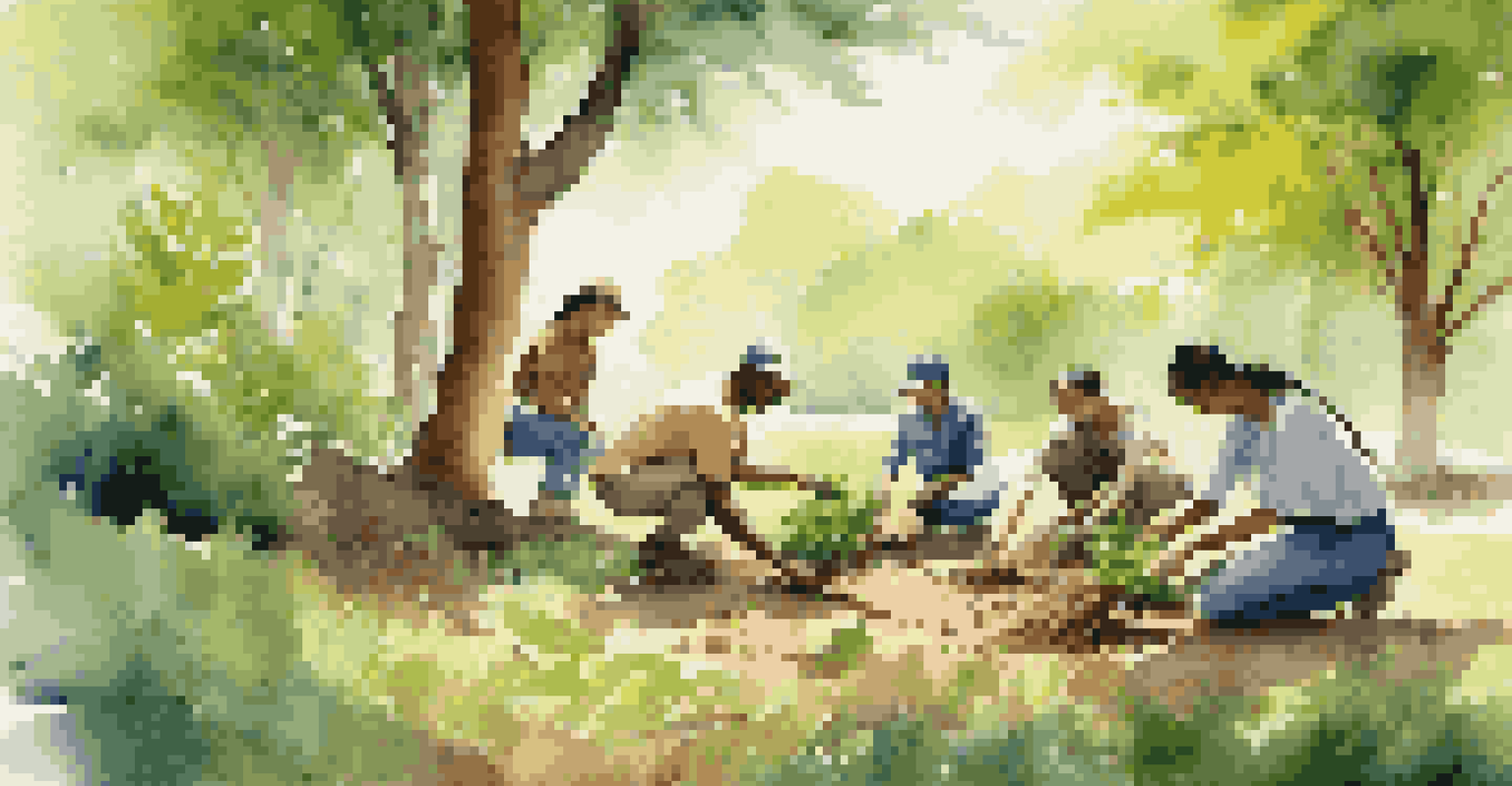 Travelers involved in a local conservation project, planting trees in a lush green landscape with sunlight filtering through leaves.