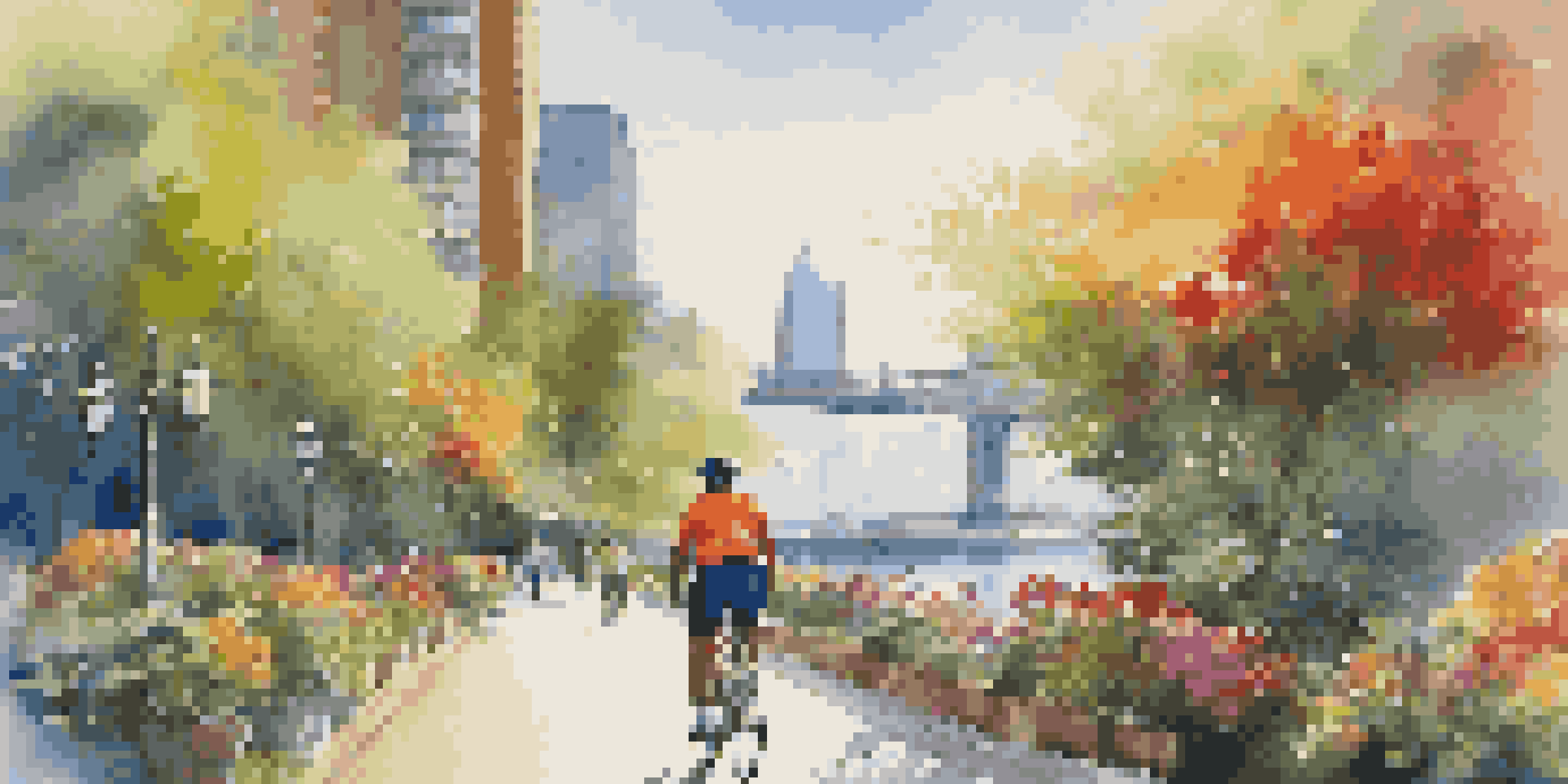 A cyclist in bright gear rides along a waterfront with the sun shining, surrounded by greenery and colorful flowers, with skyscrapers and street art in the background.