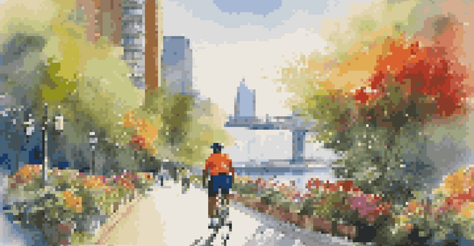A cyclist in bright gear rides along a waterfront with the sun shining, surrounded by greenery and colorful flowers, with skyscrapers and street art in the background.