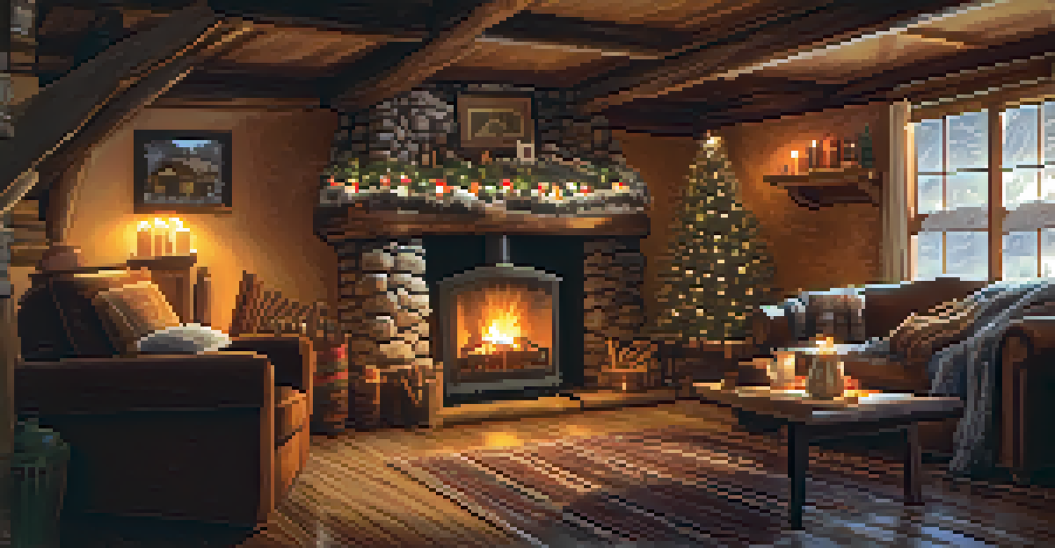 A cozy cabin interior featuring a person reading by the fireplace, wrapped in a blanket with a cup of cocoa.