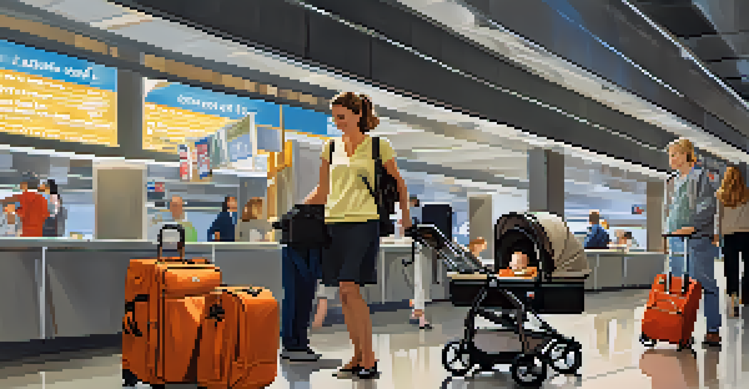 Travel gear including a stroller and baby carrier in a busy airport setting.