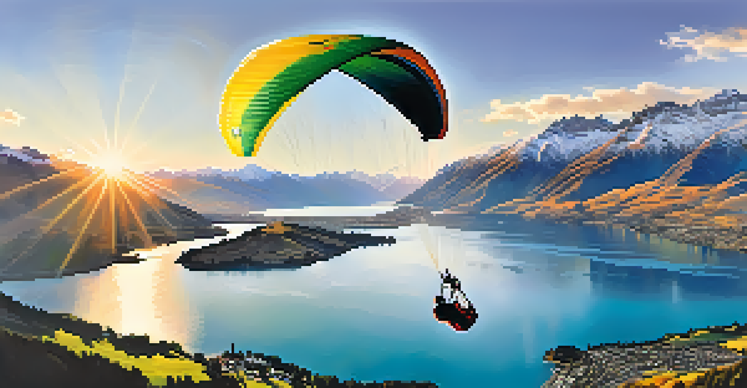 Paraglider flying over Lake Wakatipu in Queenstown, New Zealand, with mountains in the background.