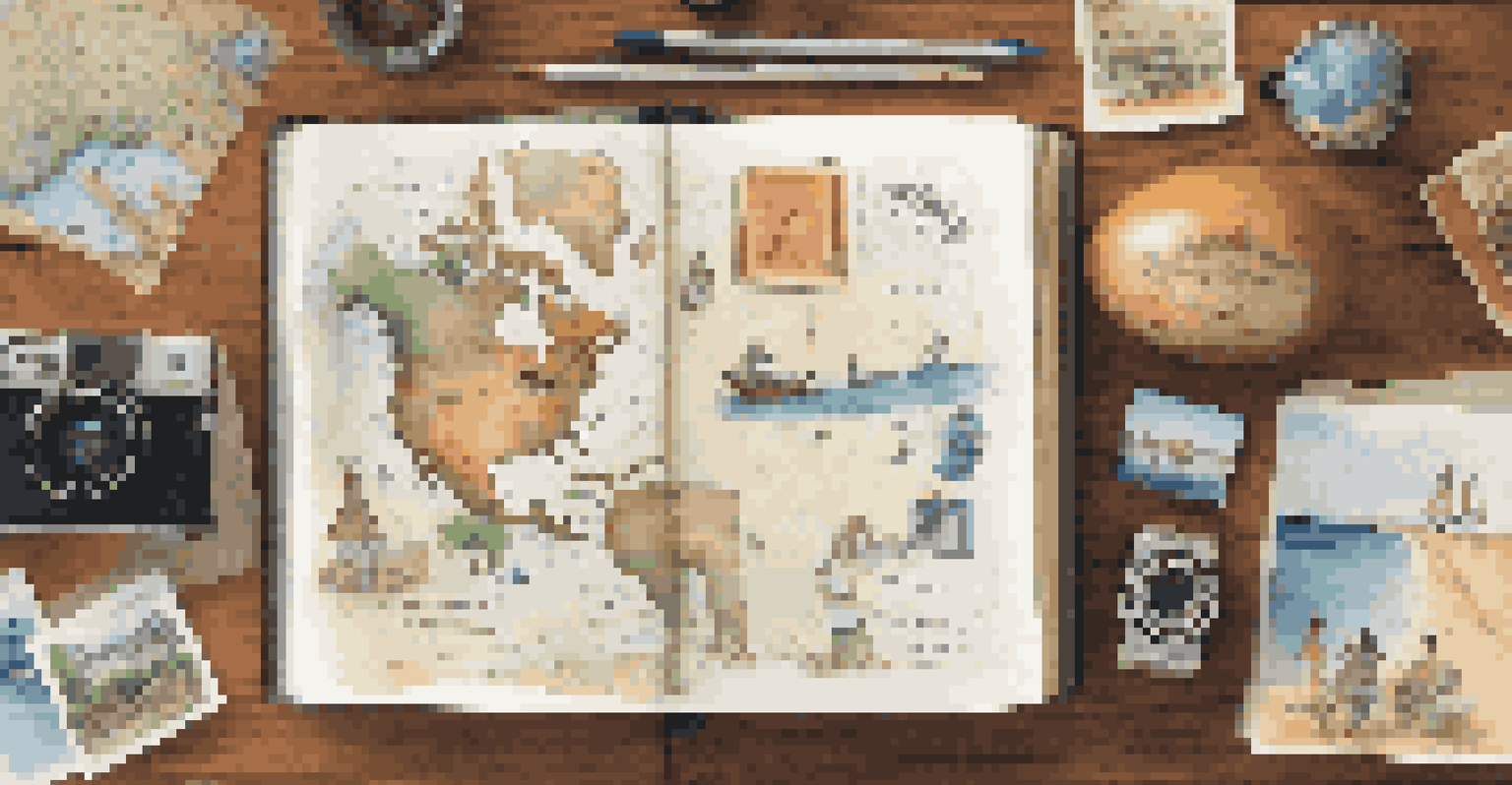 A family travel journal on a table, decorated with travel items and filled with memories of adventures.