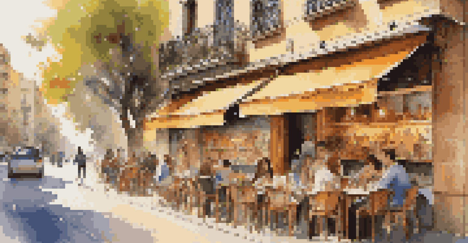 A cozy café in Barcelona with students studying and socializing, featuring vintage decor and a view of vibrant street life outside.