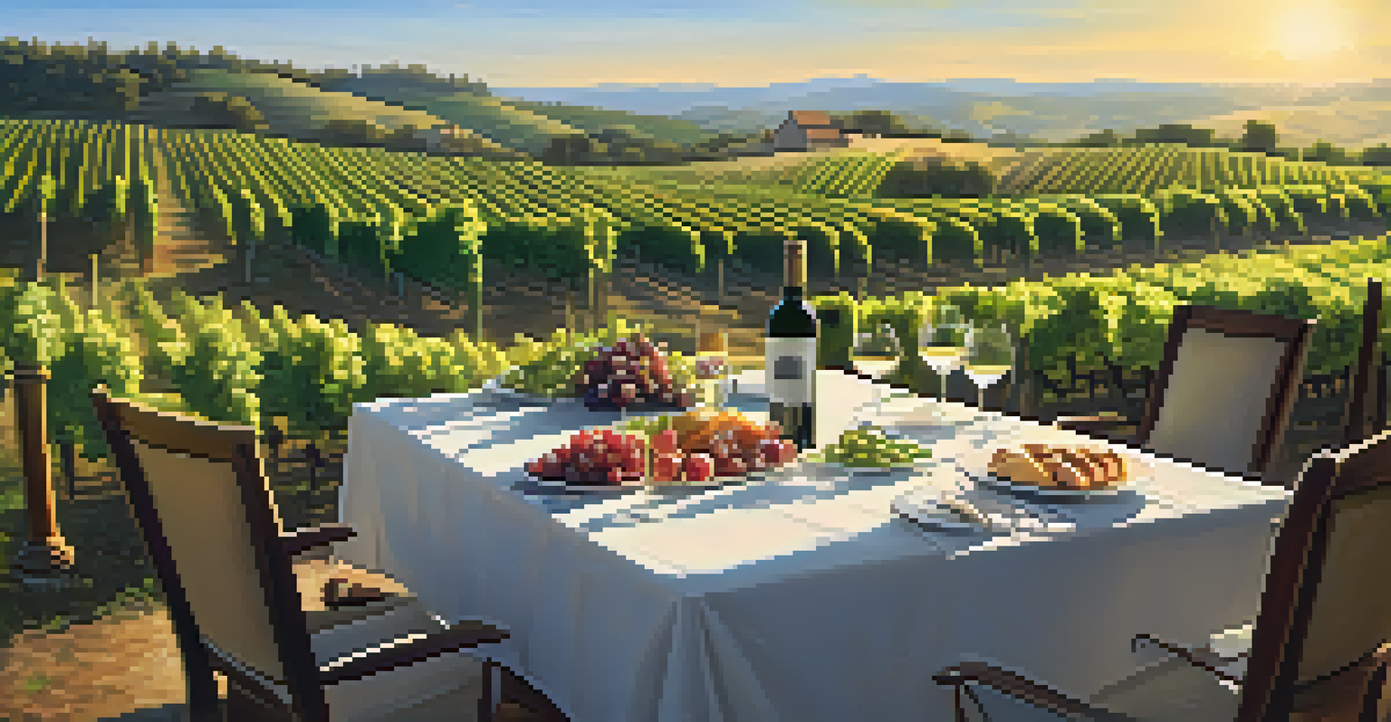 A wine tasting table set in a vineyard with glasses of wine and gourmet food, surrounded by grapevines and hills.