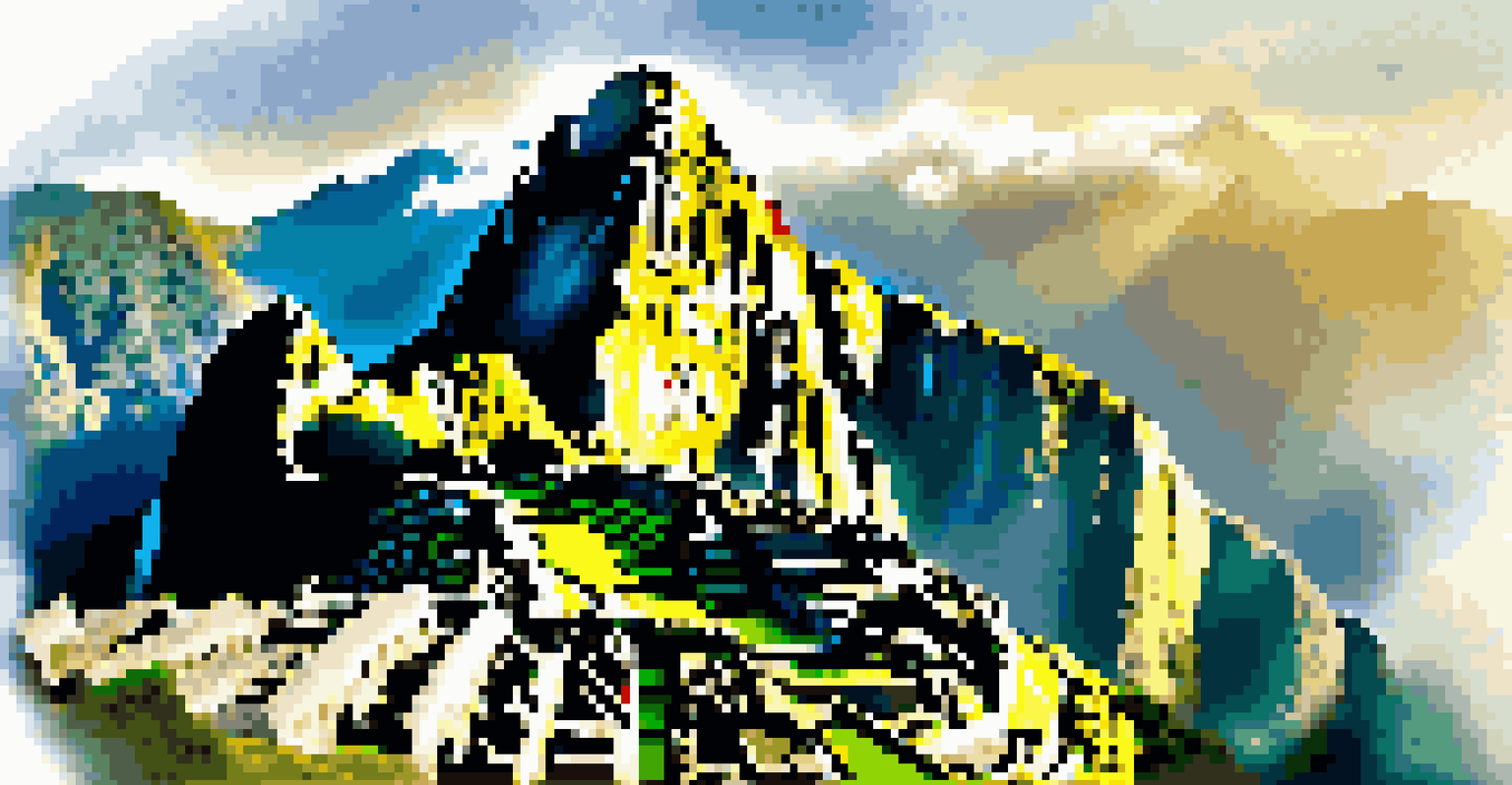 Aerial view of Machu Picchu at sunrise with mist and terraced hills.