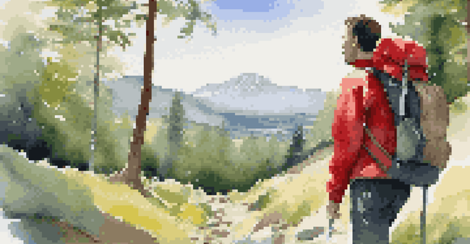 A beginner backpacker in a red jacket standing on a trail, surrounded by trees and mountains in the background.