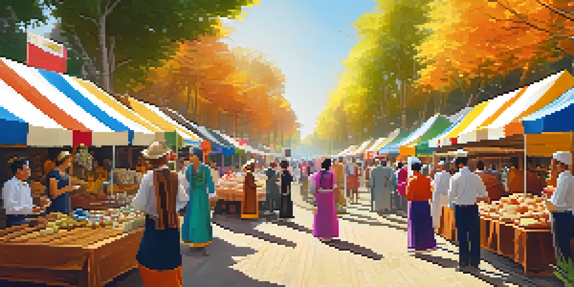A lively street festival with colorful decorations, traditional costumes, and people enjoying various cultural activities.