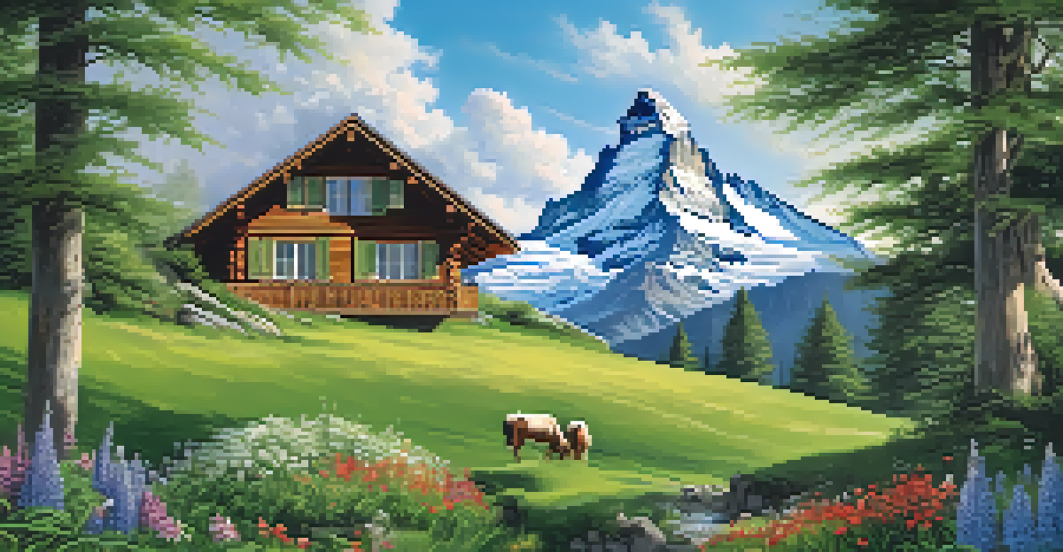 A scenic view of the Swiss Alps with the Matterhorn mountain and a wooden chalet surrounded by wildflowers.