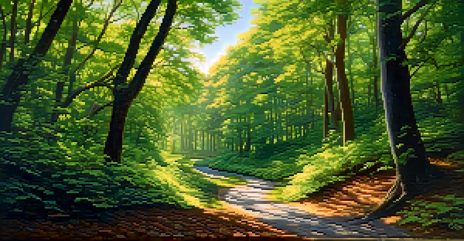 A winding forest path surrounded by lush greenery and dappled sunlight, creating a sense of depth and adventure.