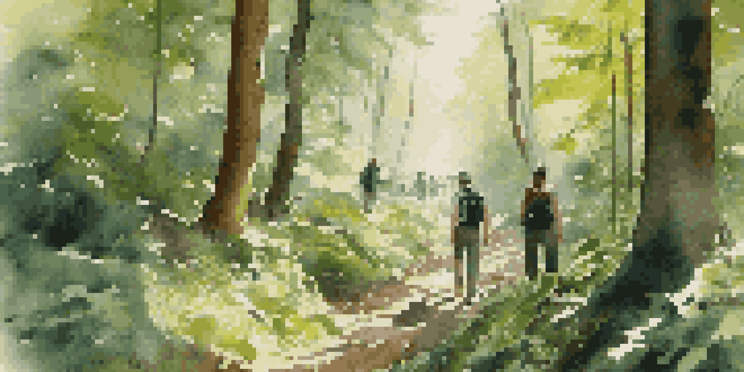 A peaceful forest scene with sunlight filtering through the trees, and a group of travelers hiking and observing nature.