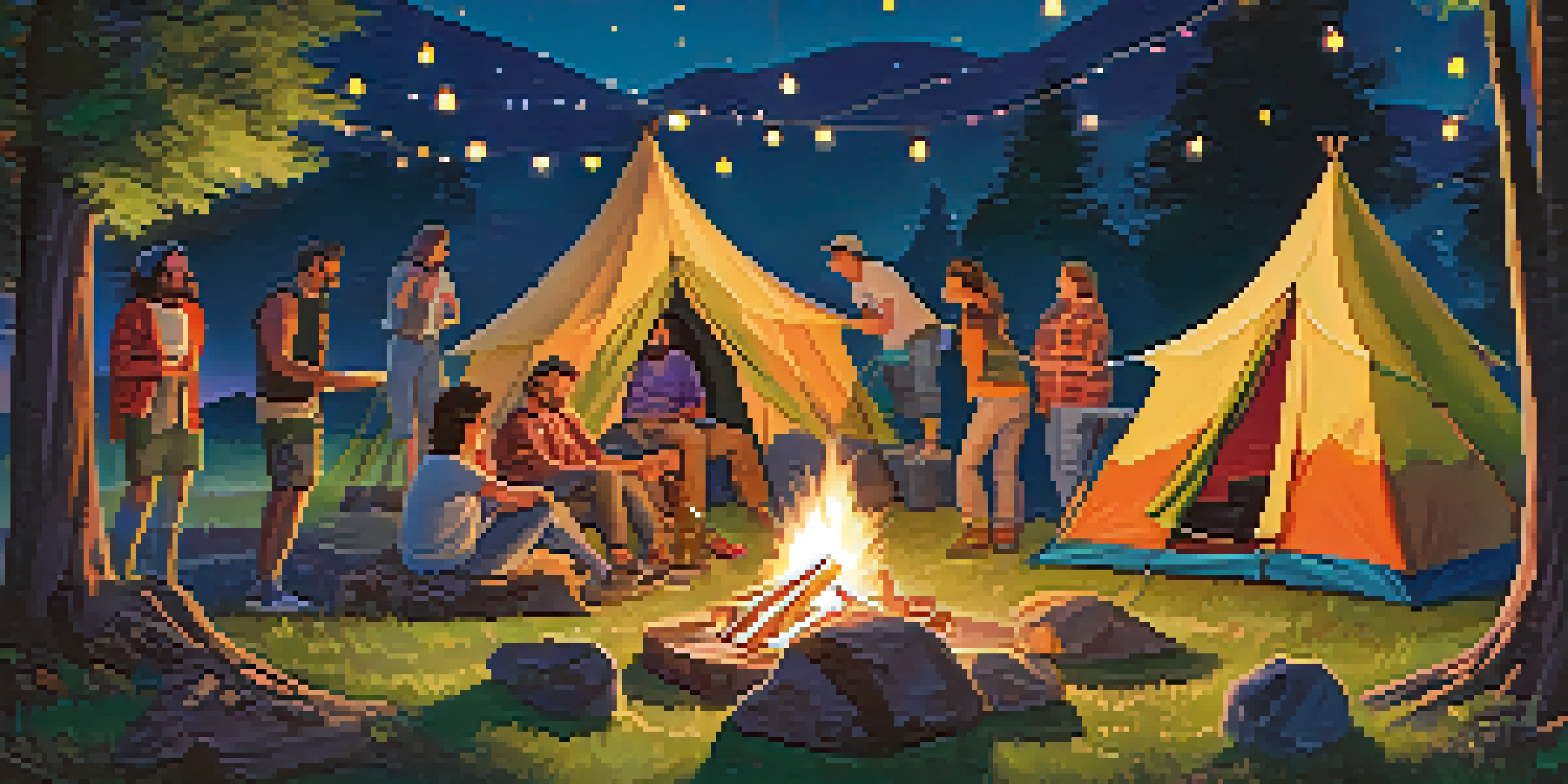 A peaceful camping scene at a music festival with colorful tents, a campfire, and friends enjoying the atmosphere under a starry sky.