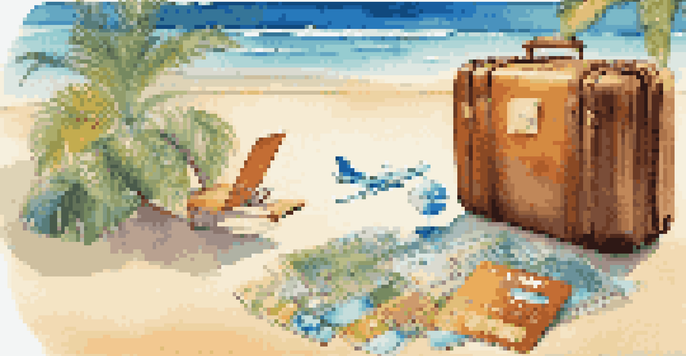 A credit card surrounded by travel items like a globe and airplane ticket on a tropical beach background.