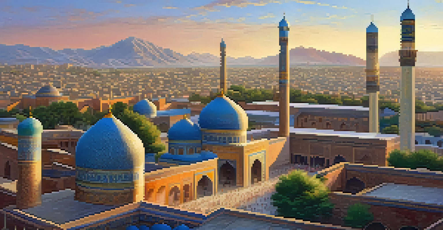 The skyline of Samarkand showcasing Islamic architecture with vibrant mosaics, bustling streets, and warm golden hour light.