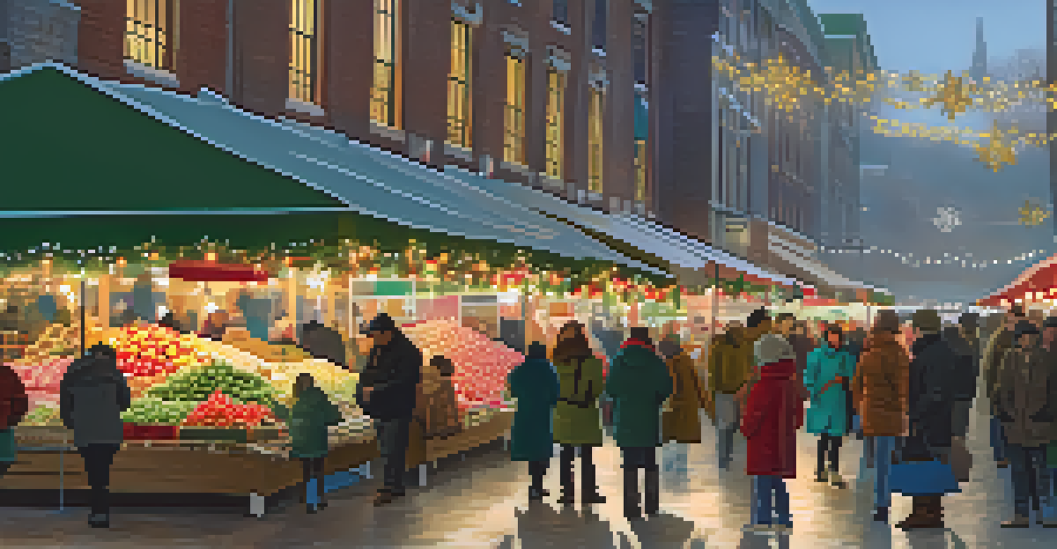 An early morning holiday market scene with stalls filled with seasonal goods, illuminated by the gentle light of dawn.
