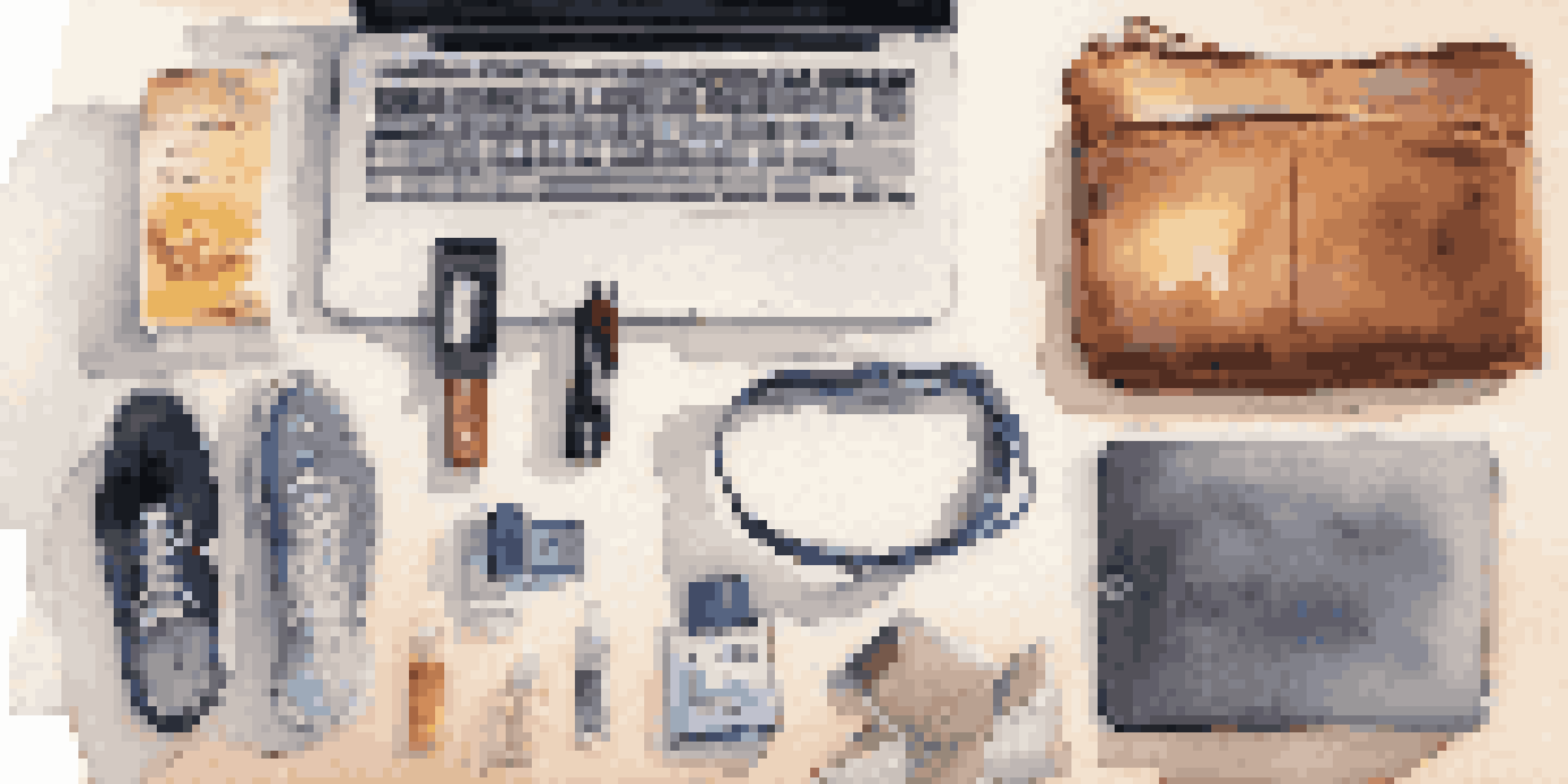 A collection of travel essentials including a portable charger and travel-sized toiletries arranged on a table.