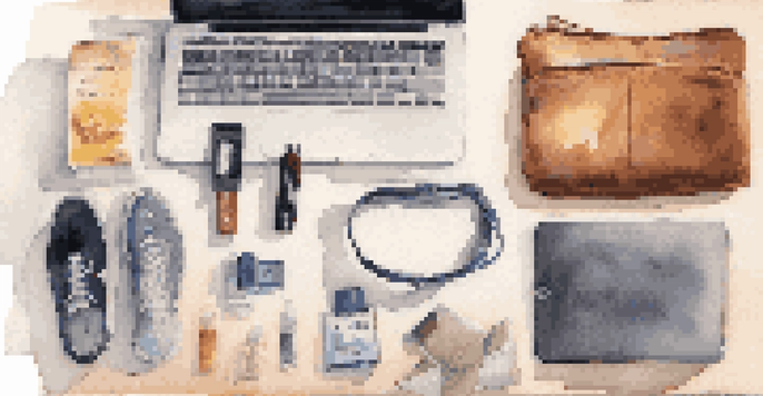 A collection of travel essentials including a portable charger and travel-sized toiletries arranged on a table.