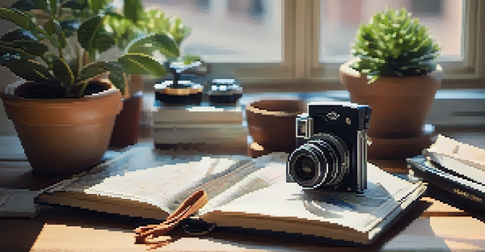 A compact camera on a wooden table with travel essentials such as a map and sunglasses, illuminated by soft natural light.