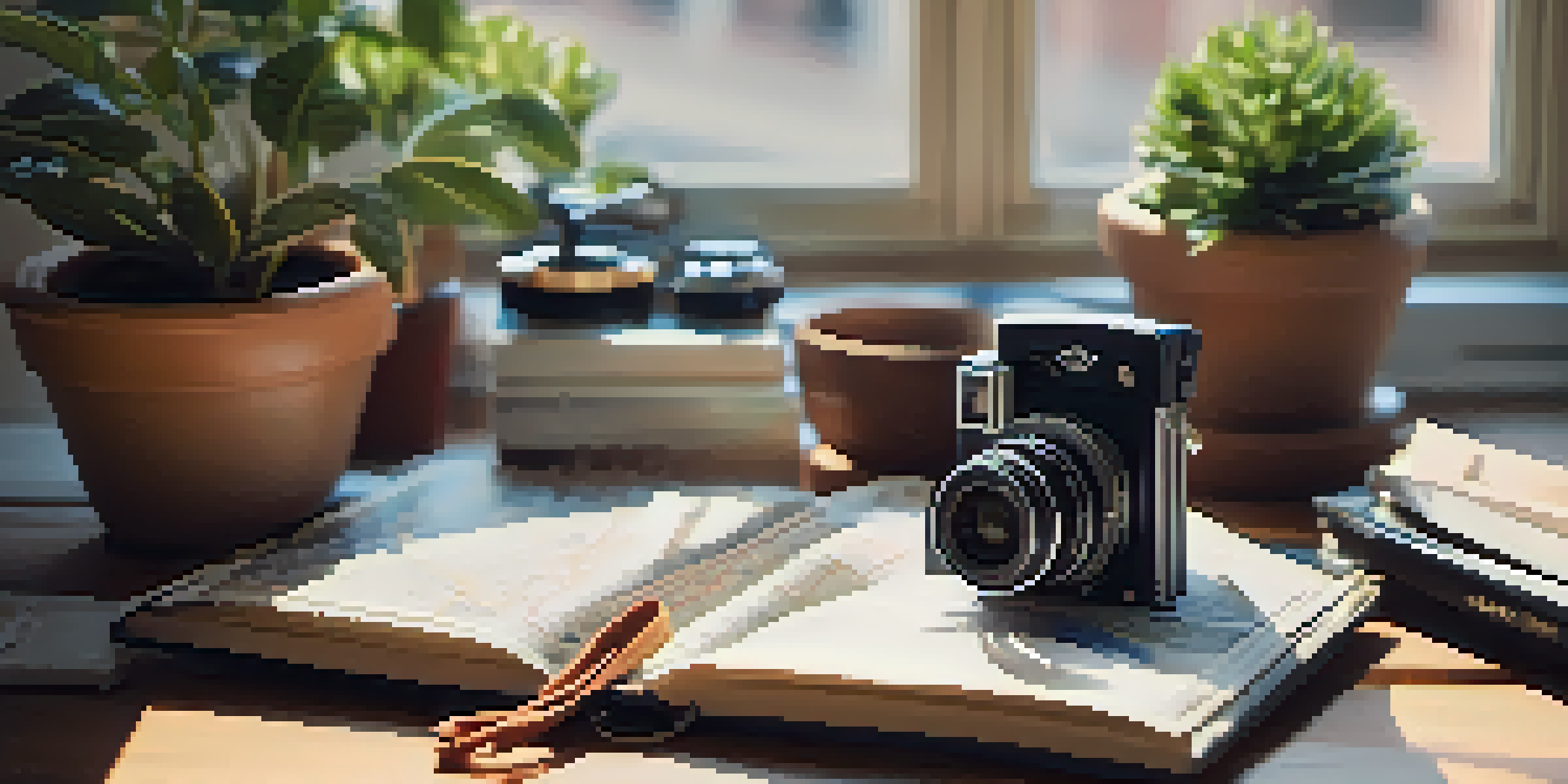 A compact camera on a wooden table with travel essentials such as a map and sunglasses, illuminated by soft natural light.