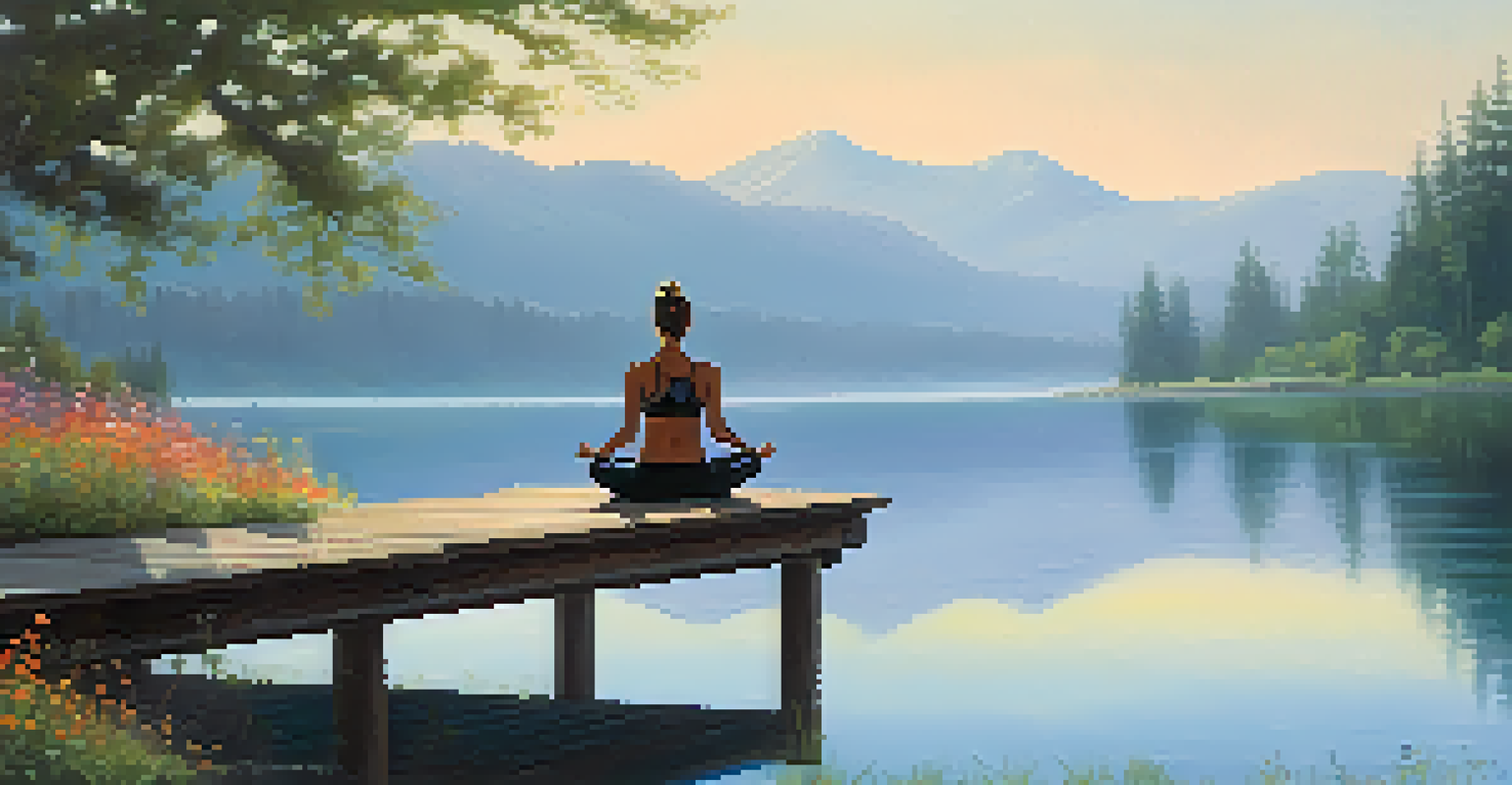 A person meditating on a dock by a tranquil lake, with mountains and wildflowers in the background.
