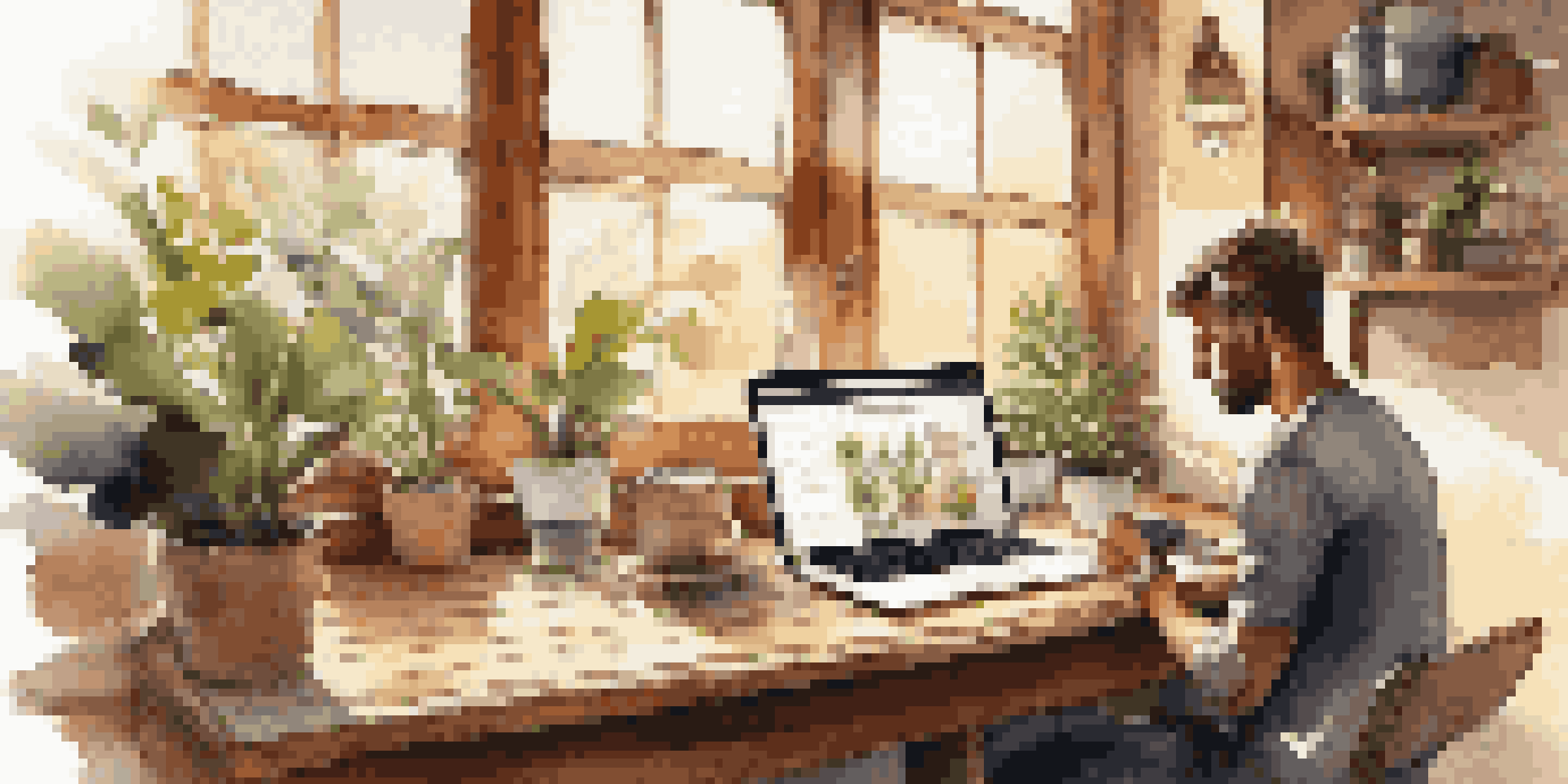 A person working on a laptop in a bright cafe, with a coffee cup and plants around them.