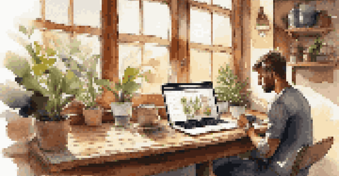 A person working on a laptop in a bright cafe, with a coffee cup and plants around them.
