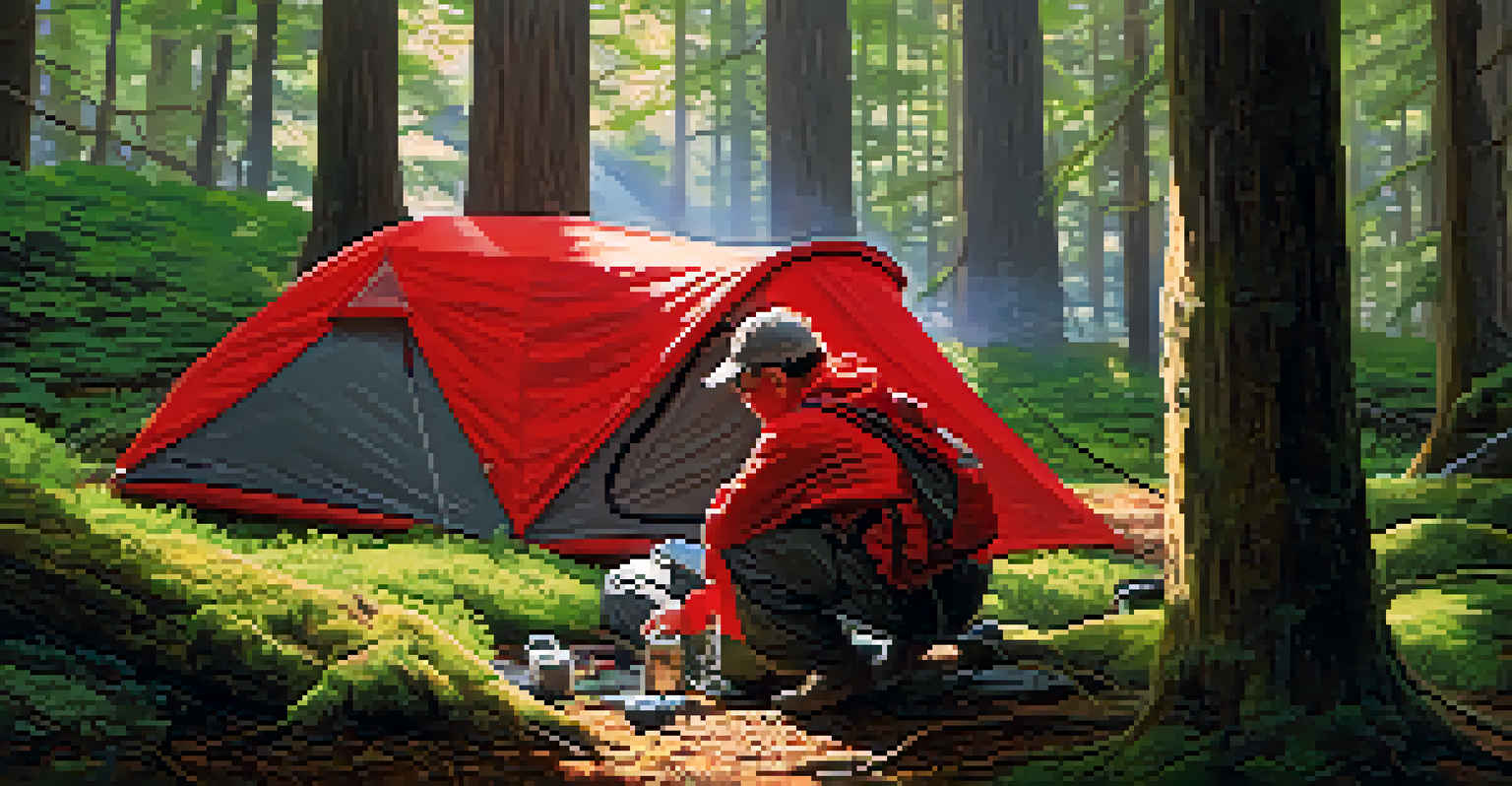 A hiker in a red jacket uses a multi-tool to set up a tent in a green forest, with sunlight filtering through the trees.