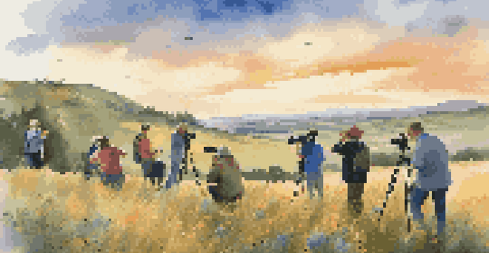 A group of photographers taking pictures in a beautiful landscape during a travel photography workshop at sunset.