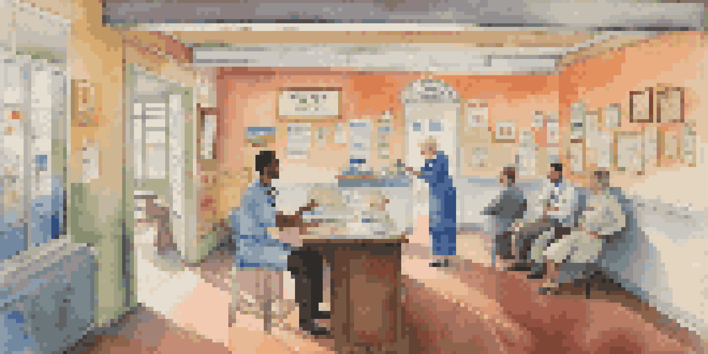 A healthcare professional in a bright clinic discussing vaccinations with a traveler, with colorful posters and a world map in the background.