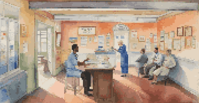 A healthcare professional in a bright clinic discussing vaccinations with a traveler, with colorful posters and a world map in the background.