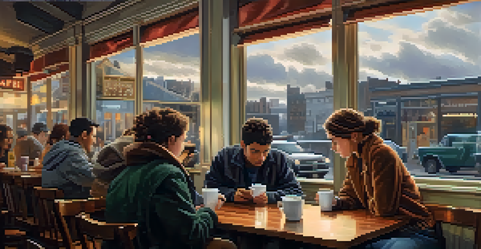 Friends in a café checking local news on their smartphones during a crisis, with coffee cups on a table and a cloudy sky visible through the window.