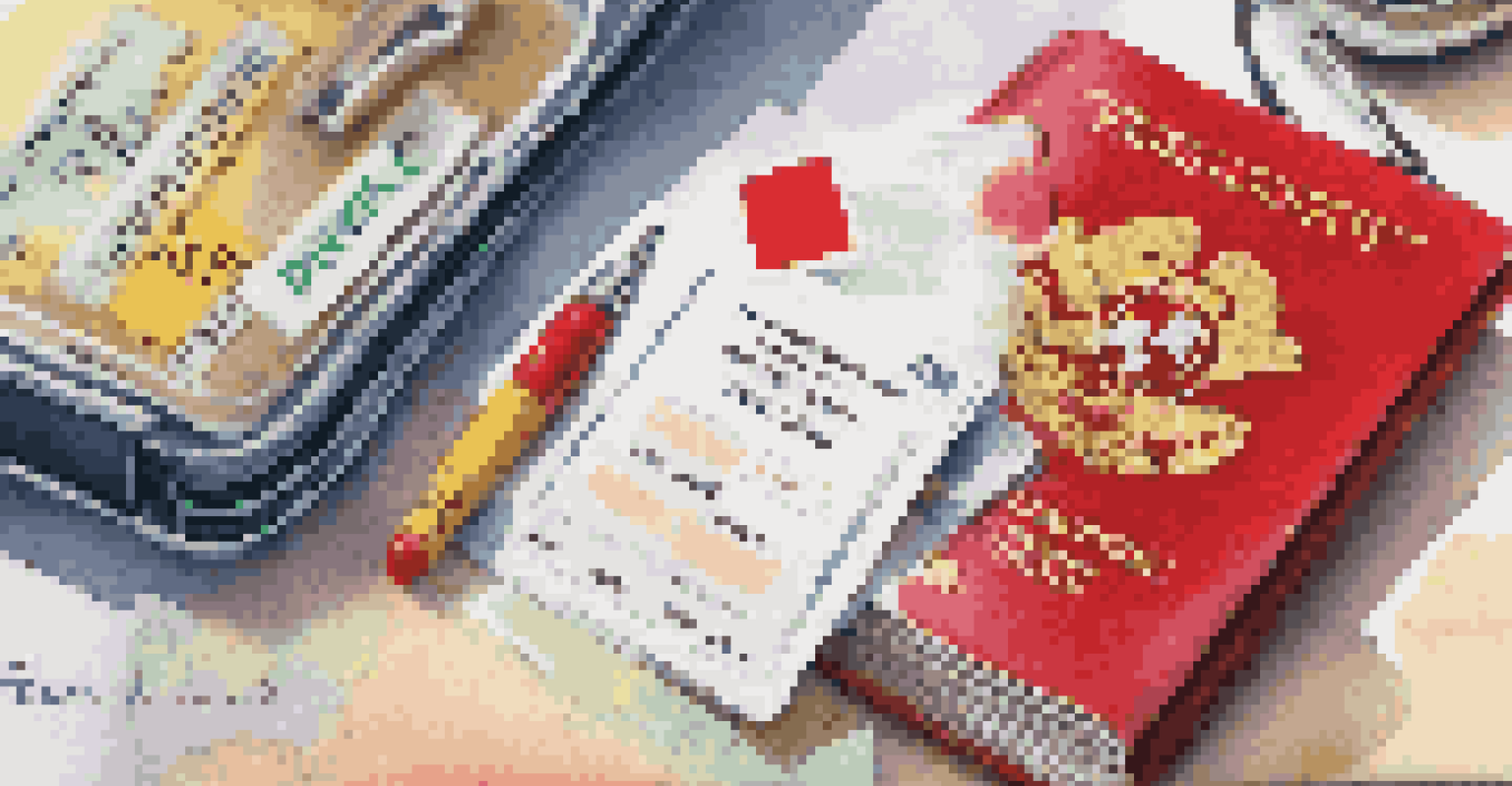 An emergency contact card on a travel guidebook, with a passport and first aid kit in the background.