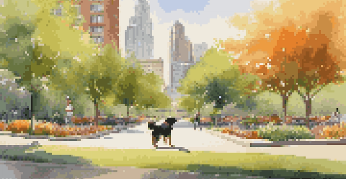 A joyful dog playing fetch in an urban park with its owner, surrounded by trees and flowers, with city buildings in the background.