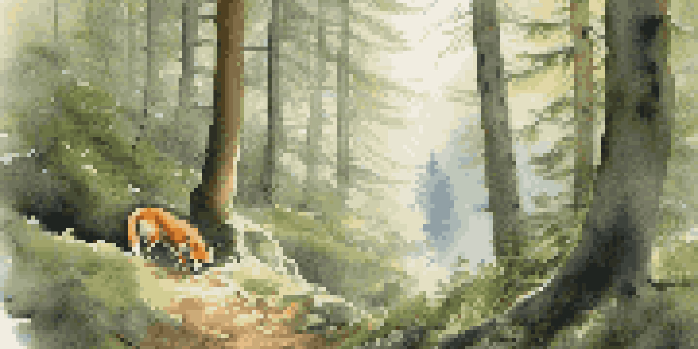 A peaceful hiking scene on the Appalachian Trail with pine trees, a curious fox, a grazing deer, and a misty valley in the background.