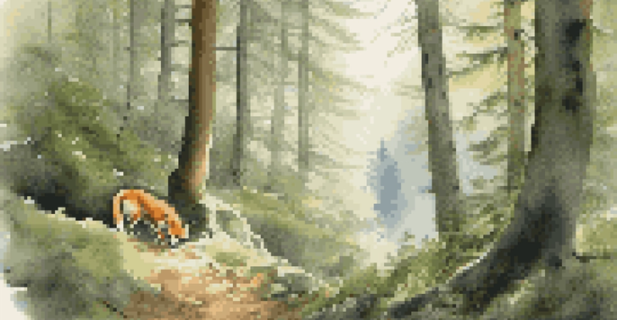 A peaceful hiking scene on the Appalachian Trail with pine trees, a curious fox, a grazing deer, and a misty valley in the background.