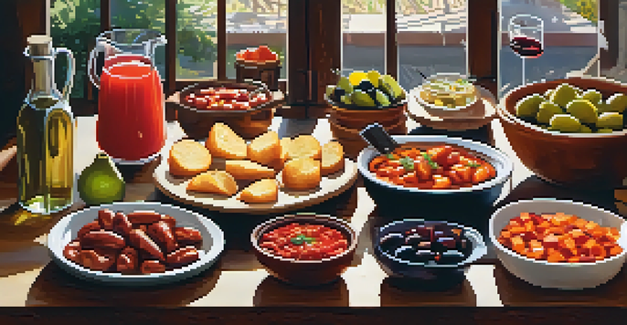 A colorful tapas spread with various dishes, glasses of wine, and natural sunlight illuminating the scene.
