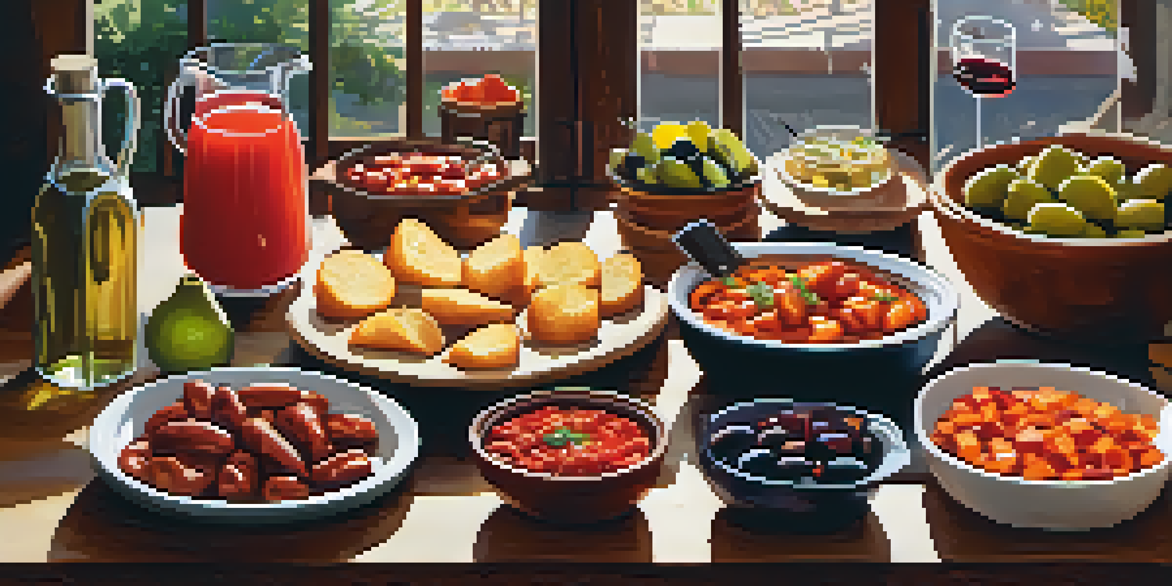 A colorful tapas spread with various dishes, glasses of wine, and natural sunlight illuminating the scene.