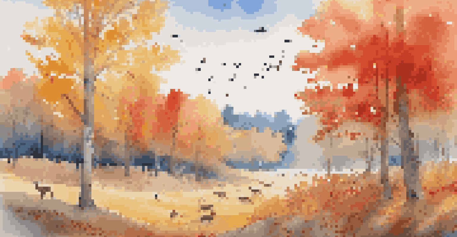 An autumn forest with colorful leaves, birds flying above, and a deer grazing.