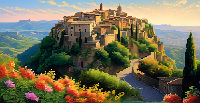 A picturesque hilltop village in Italy with narrow streets and ancient buildings, illuminated by a golden sunset.