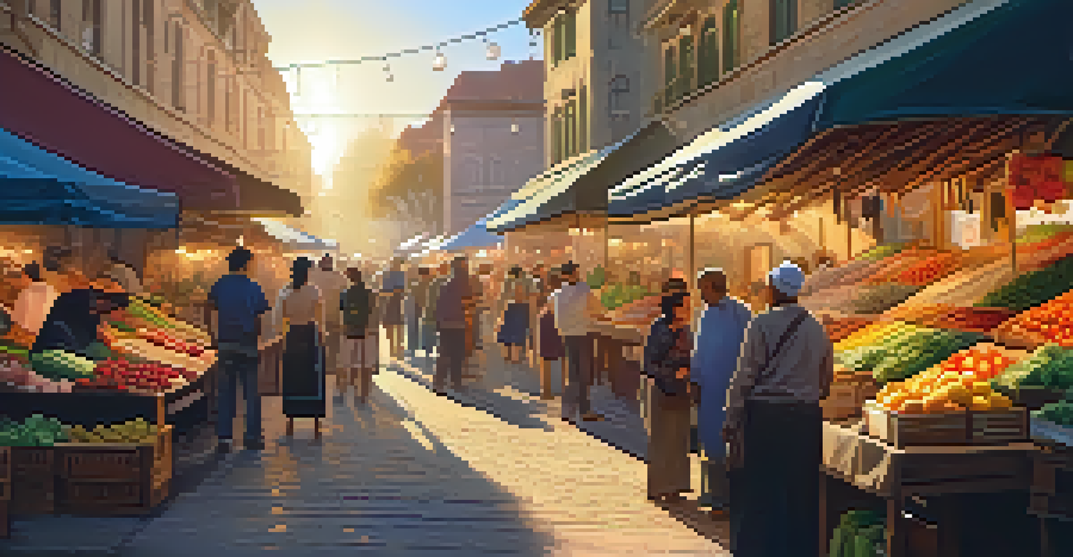 A lively street market at golden hour, showcasing colorful stalls and people enjoying the vibrant atmosphere.