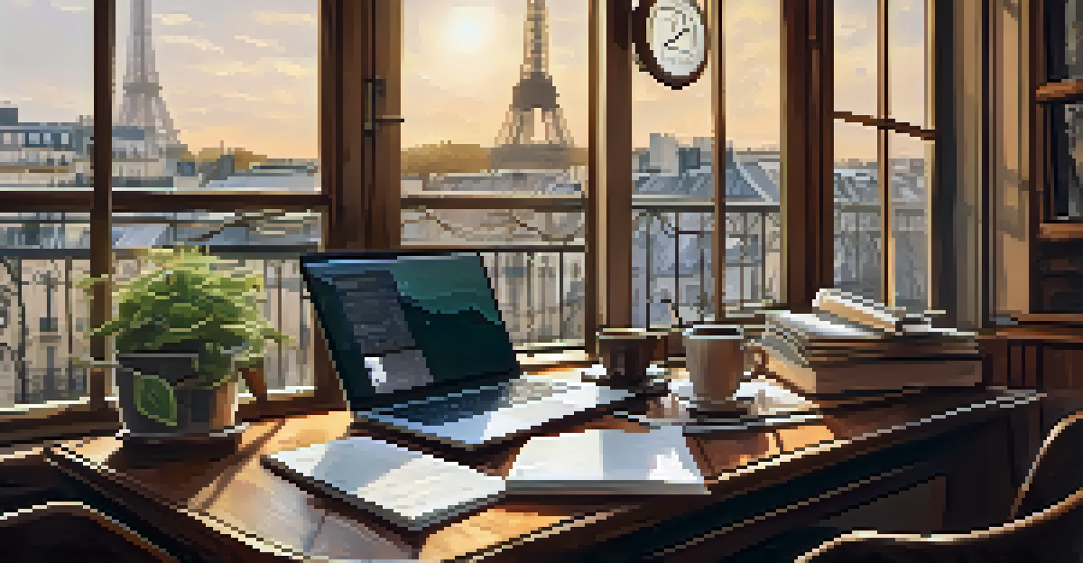 A cozy café workspace with a laptop and coffee, featuring the Eiffel Tower visible through the window.