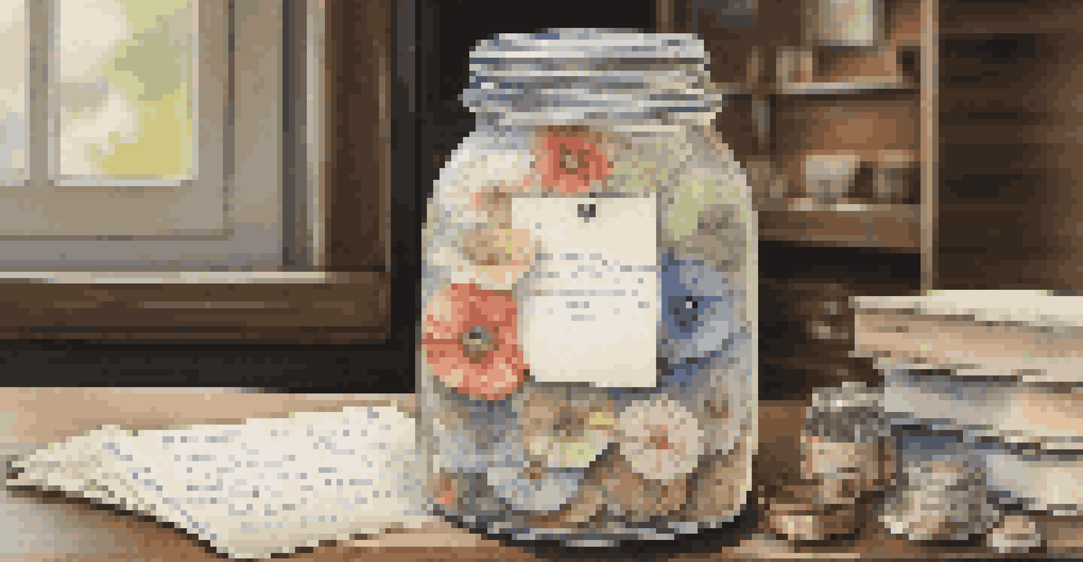 A decorated memory jar filled with notes and drawings from a family reunion on a rustic table.